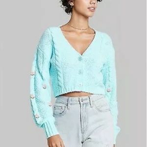 Wild Fable Baby Blue Pink Flower Cable Knit Cropped Cardigan